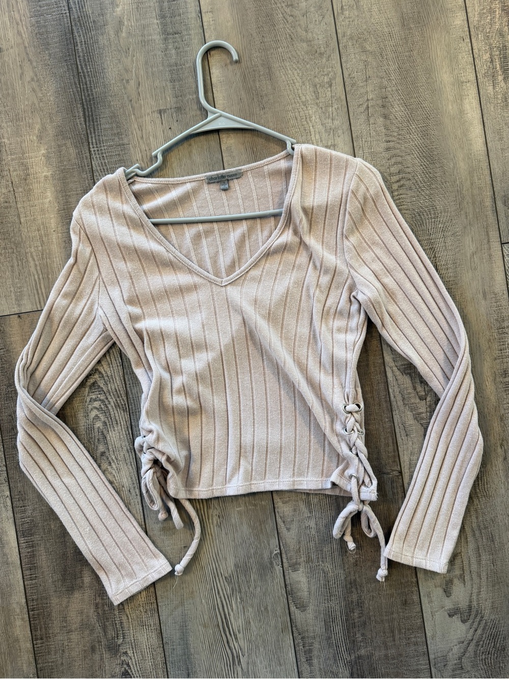 Charlotte Russe Ribbed V-Neck Lace-Up Long Sleeve Top - Blush